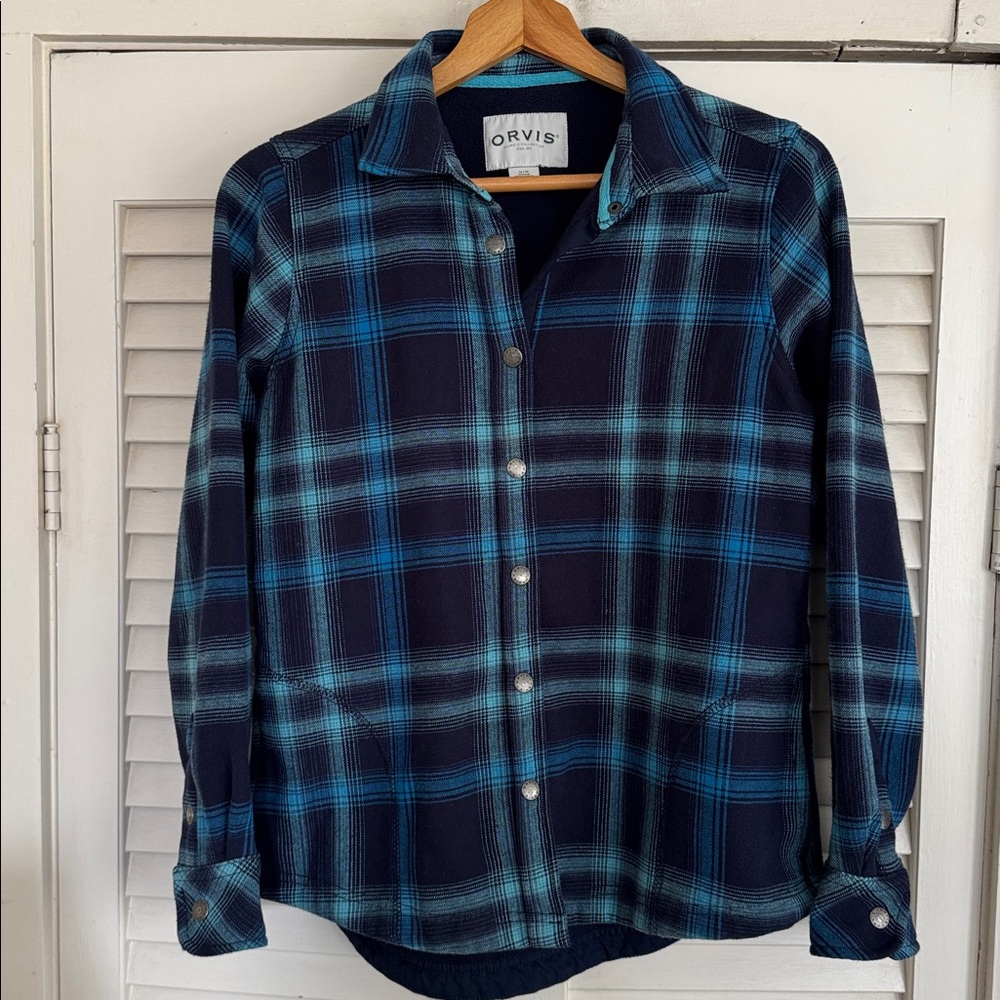 Orvis fleece lined cotton Navy and Teal Plaid Shirt jacket